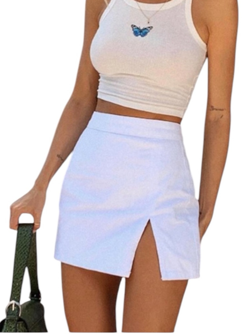 LIONESS White High-Waist Denim Mini Skirt with Front Slit